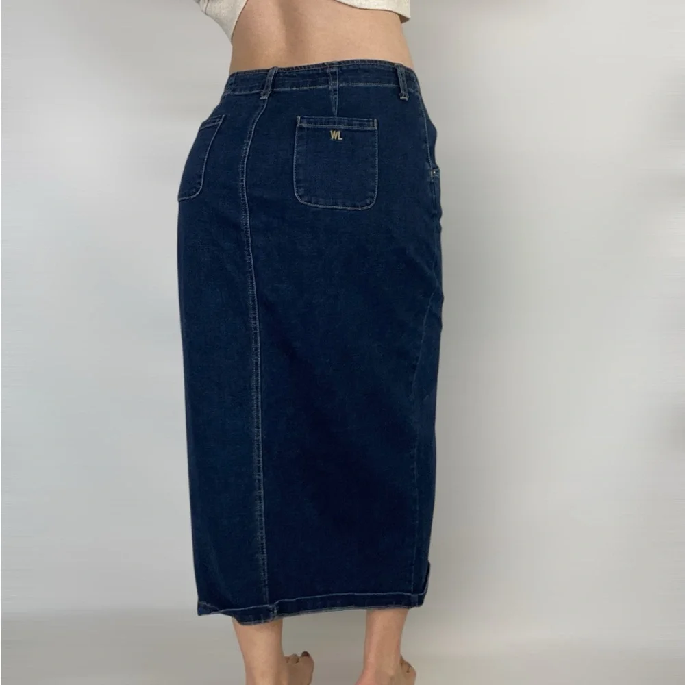 WASH LAB Daily Slit Denim MIDI‎ Skirt Dark Wash High Rise in Dark Blue